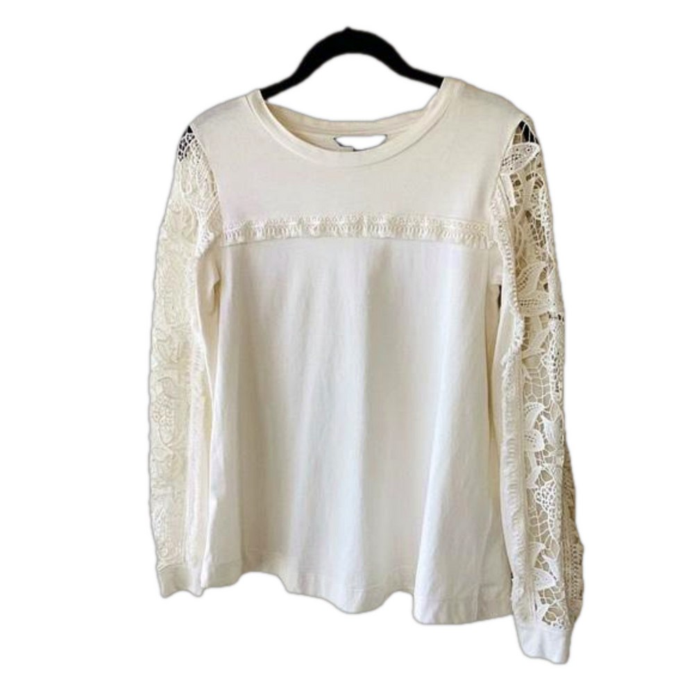 Banana Republic White Long Sleeve Crochet Fringe Top XS Boho Fairy Cotton VGUC
